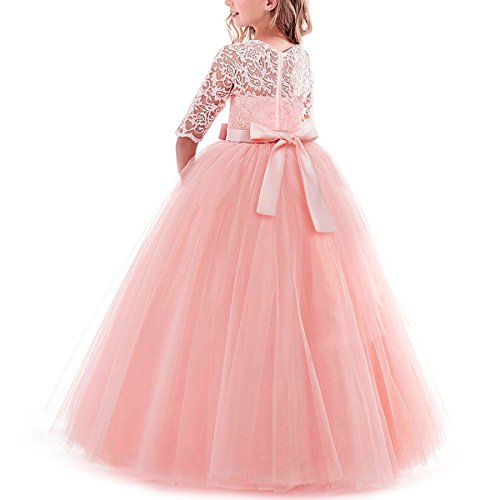Little Big Girls Lace 3/4 Sleeve Dress Wedding Bridesmaid First Communion Evening Party Floor Length Dress Baby Children Princess Pageant Birthday Prom Carnival Christmas Ball Gown Pink 11-12 Years