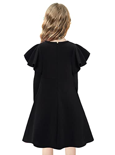 SFreeBo Dress for Girls 9-10 Party Dress Winter Black Round Neck Casual Party Dresses with 2 Side Pockets Flutter Long Sleeve Dress for Kids