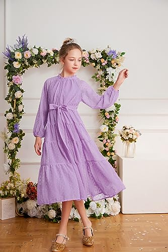 Girls Flowy Junior Bridesmaid Dress for Party Long Raglan Sleeves Swing Prom Dress for 7-8 Years Purple