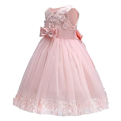 Discoball Girls Princess Dress,Tulle Bow Lace Embroidery Flower Girl Dress,Birthday Party Wedding Bridesmaid First Communion Girls' Dresses for 1-10 Years Pink