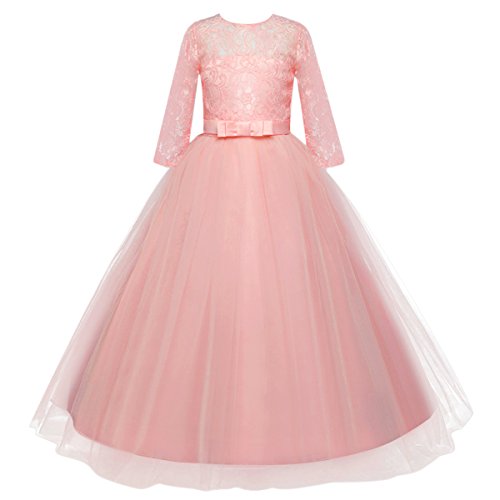 Little Big Girls Lace 3/4 Sleeve Dress Wedding Bridesmaid First Communion Evening Party Floor Length Dress Baby Children Princess Pageant Birthday Prom Carnival Christmas Ball Gown Pink 11-12 Years