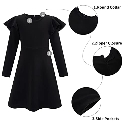 SFreeBo Dress for Girls 9-10 Party Dress Winter Black Round Neck Casual Party Dresses with 2 Side Pockets Flutter Long Sleeve Dress for Kids