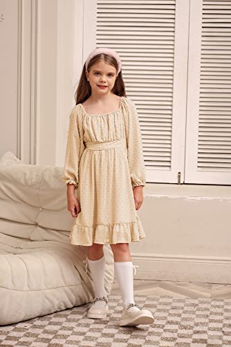 GRACE KARIN Girl Long Sleeve Swiss Dot A Line Casual Dress Casual A-line Princess Dress Wedding Dress Apricot 5-6 Years