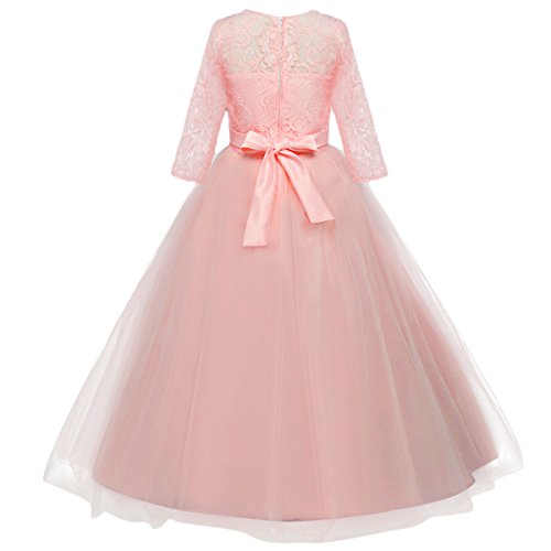 Little Big Girls Lace 3/4 Sleeve Dress Wedding Bridesmaid First Communion Evening Party Floor Length Dress Baby Children Princess Pageant Birthday Prom Carnival Christmas Ball Gown Pink 11-12 Years