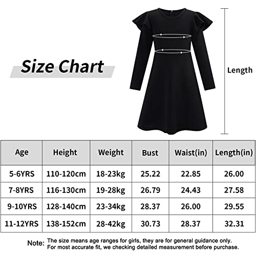 SFreeBo Dress for Girls 9-10 Party Dress Winter Black Round Neck Casual Party Dresses with 2 Side Pockets Flutter Long Sleeve Dress for Kids