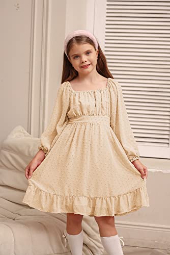 GRACE KARIN Girl Long Sleeve Swiss Dot A Line Casual Dress Casual A-line Princess Dress Wedding Dress Apricot 5-6 Years