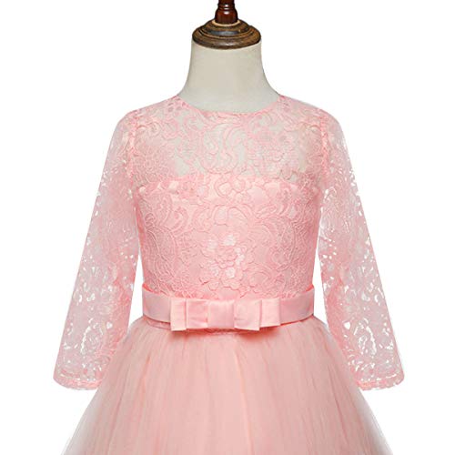 Little Big Girls Lace 3/4 Sleeve Dress Wedding Bridesmaid First Communion Evening Party Floor Length Dress Baby Children Princess Pageant Birthday Prom Carnival Christmas Ball Gown Pink 11-12 Years