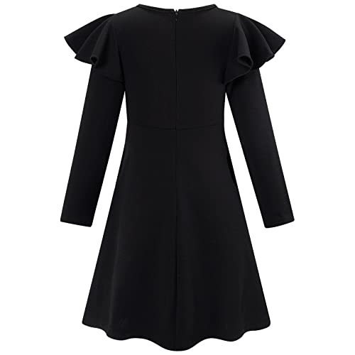 SFreeBo Dress for Girls 9-10 Party Dress Winter Black Round Neck Casual Party Dresses with 2 Side Pockets Flutter Long Sleeve Dress for Kids