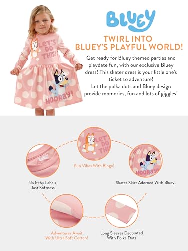Bluey Dress | Polka Dot Girls Long Sleeve Dress | Cotton Winter Dress for Girls | Pink 4-5 Years