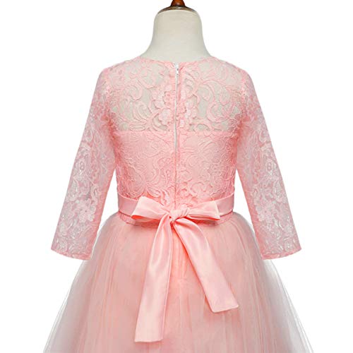 Little Big Girls Lace 3/4 Sleeve Dress Wedding Bridesmaid First Communion Evening Party Floor Length Dress Baby Children Princess Pageant Birthday Prom Carnival Christmas Ball Gown Pink 11-12 Years