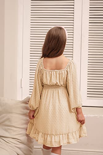 GRACE KARIN Girl Long Sleeve Swiss Dot A Line Casual Dress Casual A-line Princess Dress Wedding Dress Apricot 5-6 Years