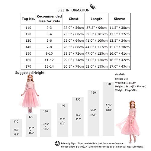 Little Big Girls Lace 3/4 Sleeve Dress Wedding Bridesmaid First Communion Evening Party Floor Length Dress Baby Children Princess Pageant Birthday Prom Carnival Christmas Ball Gown Pink 11-12 Years