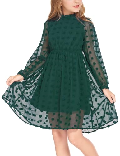 Arshiner Girls Dress 5-13 Years Children Party Dress Elegant Festive Casual Dress Princess Long Sleeve Dress A-Line Dress Dark Green 140