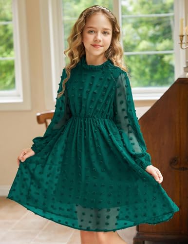 Arshiner Girls Dress 5-13 Years Children Party Dress Elegant Festive Casual Dress Princess Long Sleeve Dress A-Line Dress Dark Green 140