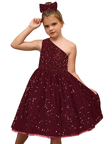 GRACE KARIN Girls Sequins Dance Costume Formal Dancing Tutu Tulle Dresses Sequined Children's Dress Wine Red 7-8 Years