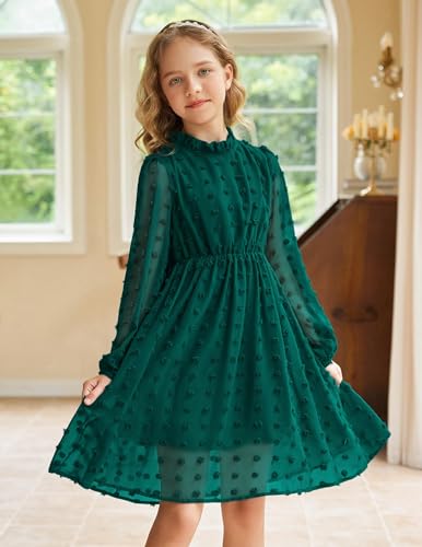 Arshiner Girls Dress 5-13 Years Children Party Dress Elegant Festive Casual Dress Princess Long Sleeve Dress A-Line Dress Dark Green 140