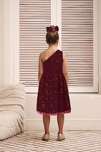 GRACE KARIN Girls Sequins Dance Costume Formal Dancing Tutu Tulle Dresses Sequined Children's Dress Wine Red 7-8 Years