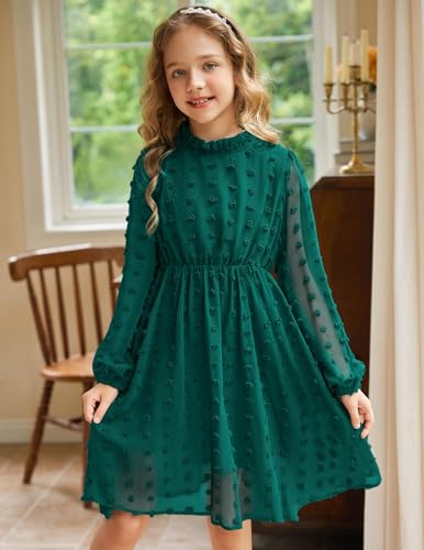 Arshiner Girls Dress 5-13 Years Children Party Dress Elegant Festive Casual Dress Princess Long Sleeve Dress A-Line Dress Dark Green 140