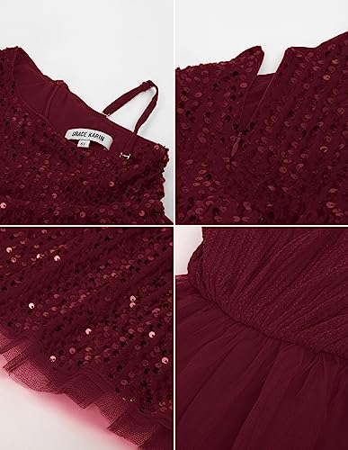GRACE KARIN Girls Sequins Dance Costume Formal Dancing Tutu Tulle Dresses Sequined Children's Dress Wine Red 7-8 Years