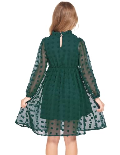 Arshiner Girls Dress 5-13 Years Children Party Dress Elegant Festive Casual Dress Princess Long Sleeve Dress A-Line Dress Dark Green 140