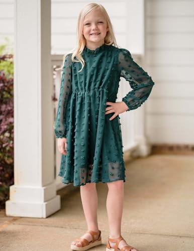 Arshiner Girls Dress 5-13 Years Children Party Dress Elegant Festive Casual Dress Princess Long Sleeve Dress A-Line Dress Dark Green 140