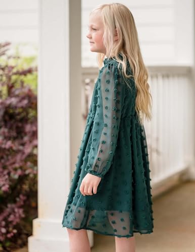 Arshiner Girls Dress 5-13 Years Children Party Dress Elegant Festive Casual Dress Princess Long Sleeve Dress A-Line Dress Dark Green 140