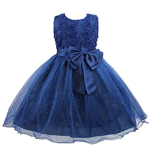 Discoball Girl Dress Princess Party Clothing Holiday Girls Dresses, 3D Rose Flower, Bow Sequins Tulle Dress Up for Kids Birthday Travel and Special Occasions Navy Blue