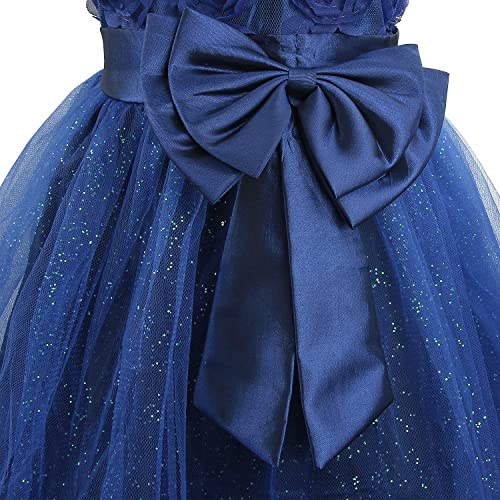 Discoball Girl Dress Princess Party Clothing Holiday Girls Dresses, 3D Rose Flower, Bow Sequins Tulle Dress Up for Kids Birthday Travel and Special Occasions Navy Blue