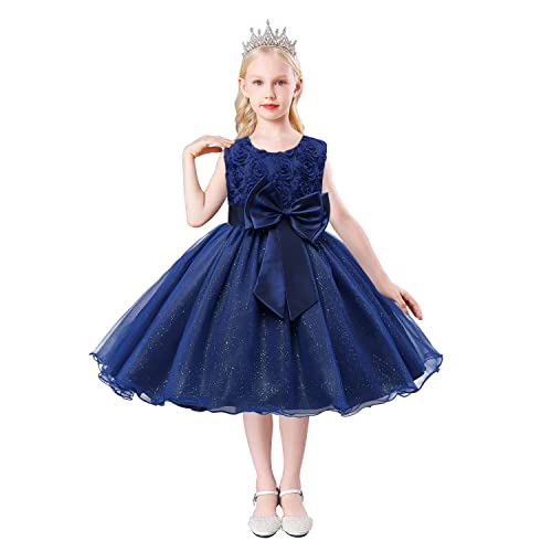 Discoball Girl Dress Princess Party Clothing Holiday Girls Dresses, 3D Rose Flower, Bow Sequins Tulle Dress Up for Kids Birthday Travel and Special Occasions Navy Blue