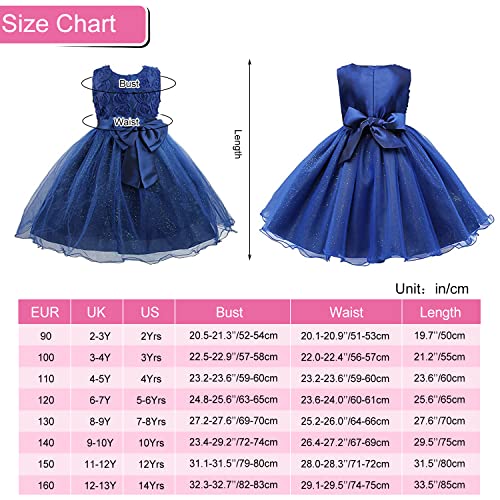 Discoball Girl Dress Princess Party Clothing Holiday Girls Dresses, 3D Rose Flower, Bow Sequins Tulle Dress Up for Kids Birthday Travel and Special Occasions Navy Blue