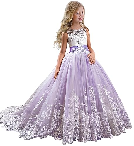 Jolikley Flower Girl Dress Pageant Tulle Lace Long Dresses Wedding Party Ball Dress Princess Purple Dress for Kids,13-14 Years Purple