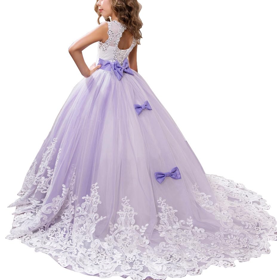 Jolikley Flower Girl Dress Pageant Tulle Lace Long Dresses Wedding Party Ball Dress Princess Purple Dress for Kids,13-14 Years Purple