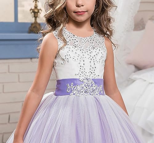 Jolikley Flower Girl Dress Pageant Tulle Lace Long Dresses Wedding Party Ball Dress Princess Purple Dress for Kids,13-14 Years Purple