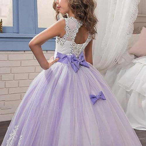 Jolikley Flower Girl Dress Pageant Tulle Lace Long Dresses Wedding Party Ball Dress Princess Purple Dress for Kids,13-14 Years Purple