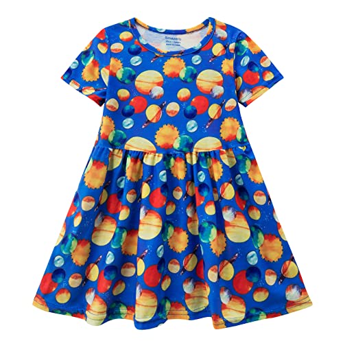 Little Girl's Dress Summer Casual Solar System Space Dresses Girls Short Sleeve Children Clothes for Baby Kids 2-7 Years A-Blue