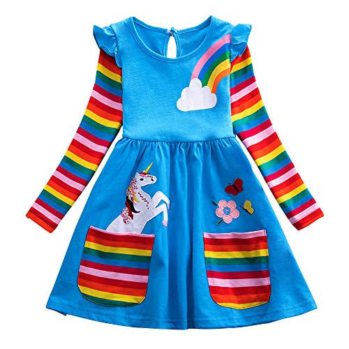 Girls Rainbow Long Sleeve T-Shirt Dresses Girl Dress 4-5years Blue Cotton Stripe Dress for Girls T-Shirt Dress with Large Pockets
