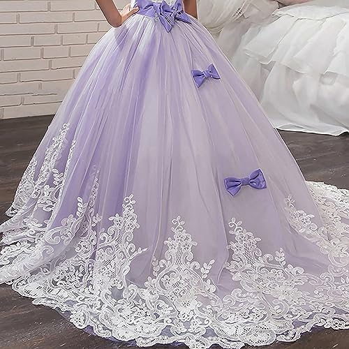 Jolikley Flower Girl Dress Pageant Tulle Lace Long Dresses Wedding Party Ball Dress Princess Purple Dress for Kids,13-14 Years Purple