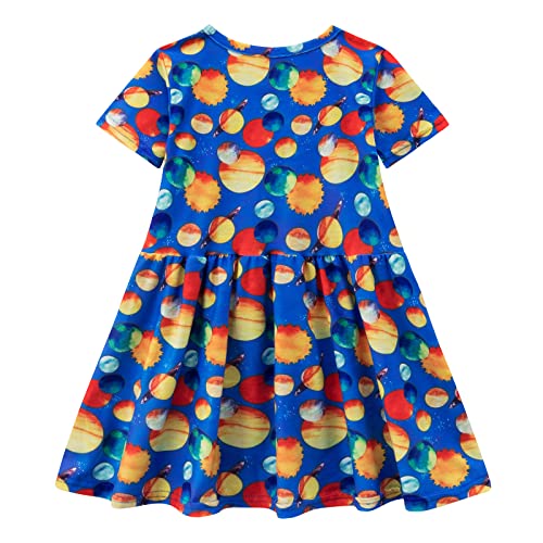 Little Girl's Dress Summer Casual Solar System Space Dresses Girls Short Sleeve Children Clothes for Baby Kids 2-7 Years A-Blue
