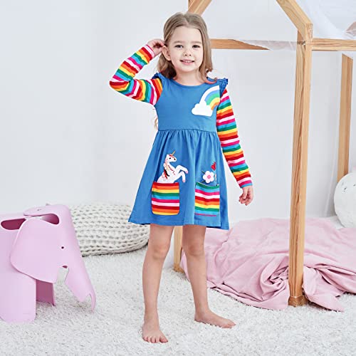 Girls Rainbow Long Sleeve T-Shirt Dresses Girl Dress 4-5years Blue Cotton Stripe Dress for Girls T-Shirt Dress with Large Pockets