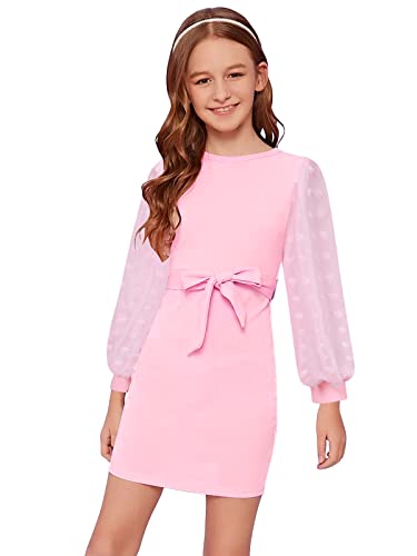Pink Party Dress for Girls 8-9 Girls Winter Bodycon Dresses Mesh Panel Puff Sleeve Fitted Dress Girls Casual Long Sleeve Pink Dress Girls Dress Age 8-9