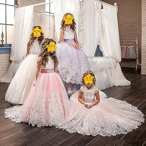 Jolikley Flower Girl Dress Pageant Tulle Lace Long Dresses Wedding Party Ball Dress Princess Purple Dress for Kids,13-14 Years Purple