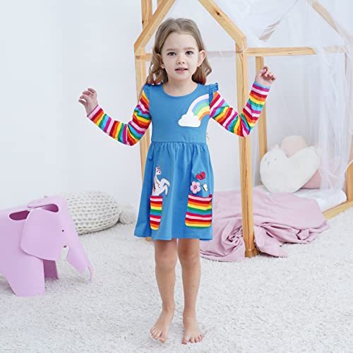 Girls Rainbow Long Sleeve T-Shirt Dresses Girl Dress 4-5years Blue Cotton Stripe Dress for Girls T-Shirt Dress with Large Pockets