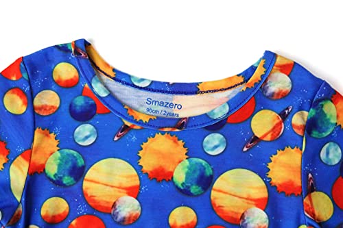 Little Girl's Dress Summer Casual Solar System Space Dresses Girls Short Sleeve Children Clothes for Baby Kids 2-7 Years A-Blue