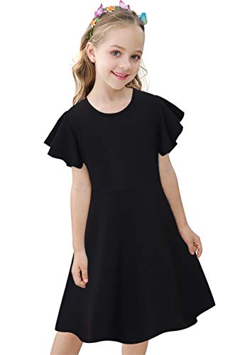 Casual Dress for Girls 9-10yrs Black Round Neck Casual Party Dresses with 2 Side Pockets Cute Sundress for Kids
