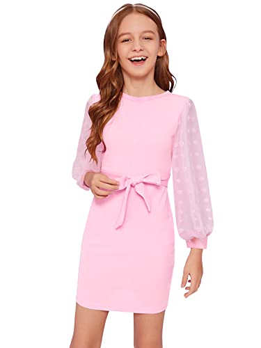 Pink Party Dress for Girls 8-9 Girls Winter Bodycon Dresses Mesh Panel Puff Sleeve Fitted Dress Girls Casual Long Sleeve Pink Dress Girls Dress Age 8-9