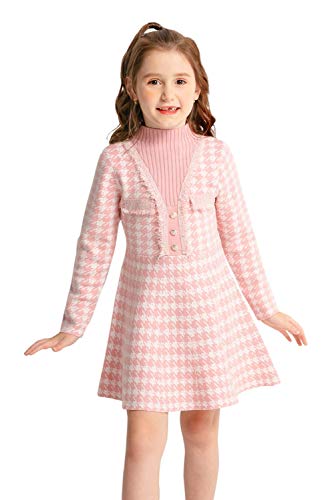 SMILING PINKER Girls Jumper Dress Long Sleeve Kids Party Houndstooth Knitted Dresses Winter Mock Neck(Pink,6-7 Years)