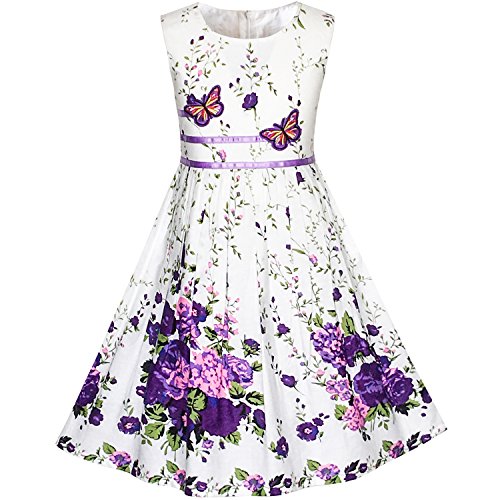 Sunny Fashion KP15 Girls Dress Purple Butterfly Flower Party, 11-12 Years, Purple White