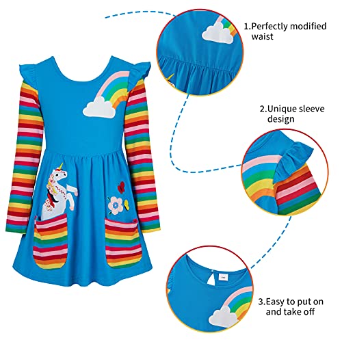 Girls Rainbow Long Sleeve T-Shirt Dresses Girl Dress 4-5years Blue Cotton Stripe Dress for Girls T-Shirt Dress with Large Pockets