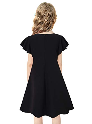 Casual Dress for Girls 9-10yrs Black Round Neck Casual Party Dresses with 2 Side Pockets Cute Sundress for Kids