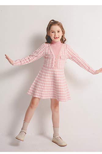 SMILING PINKER Girls Jumper Dress Long Sleeve Kids Party Houndstooth Knitted Dresses Winter Mock Neck(Pink,6-7 Years)